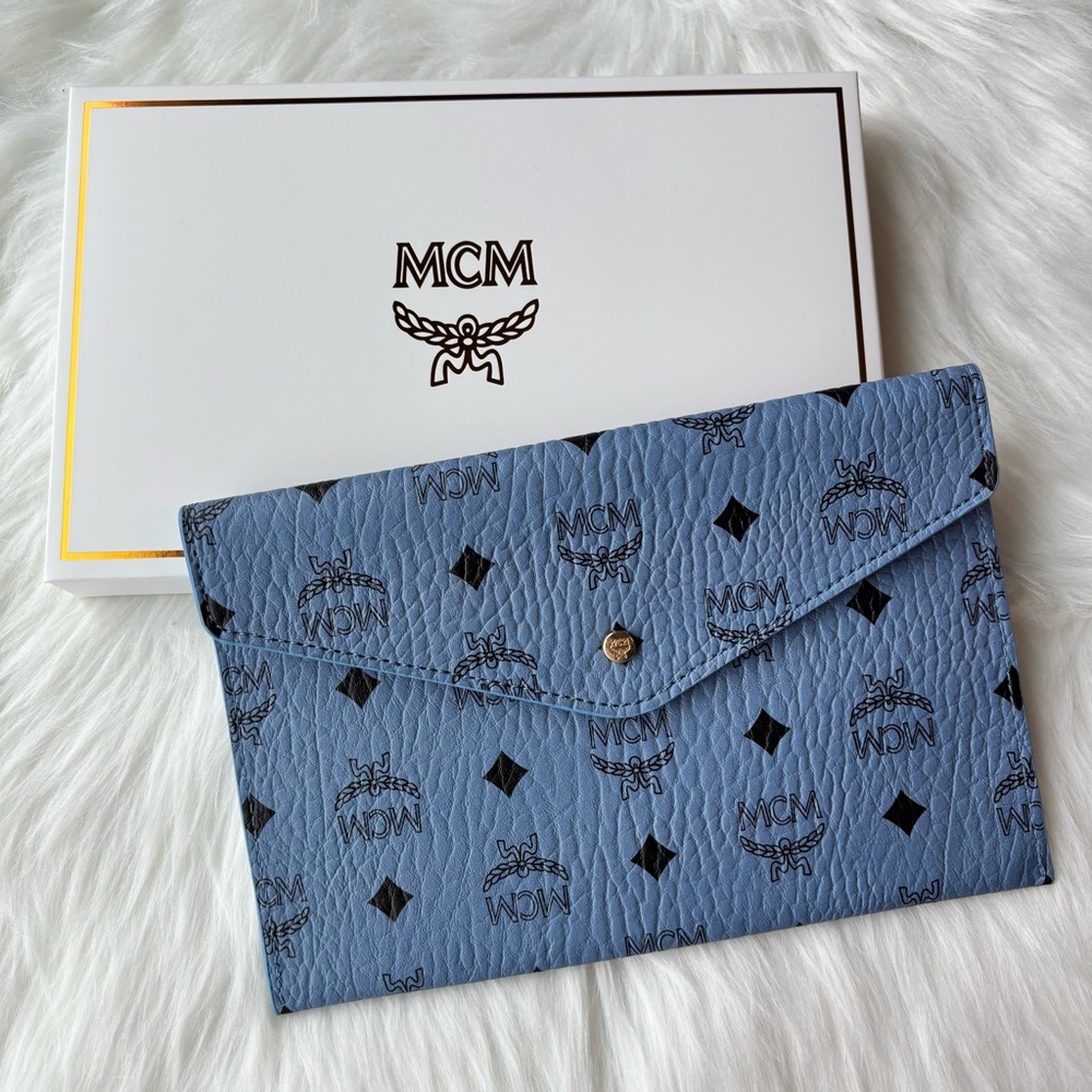 MCM Visetos Leather Envelope Clutch in Blue VIP Novelty GWP NEW